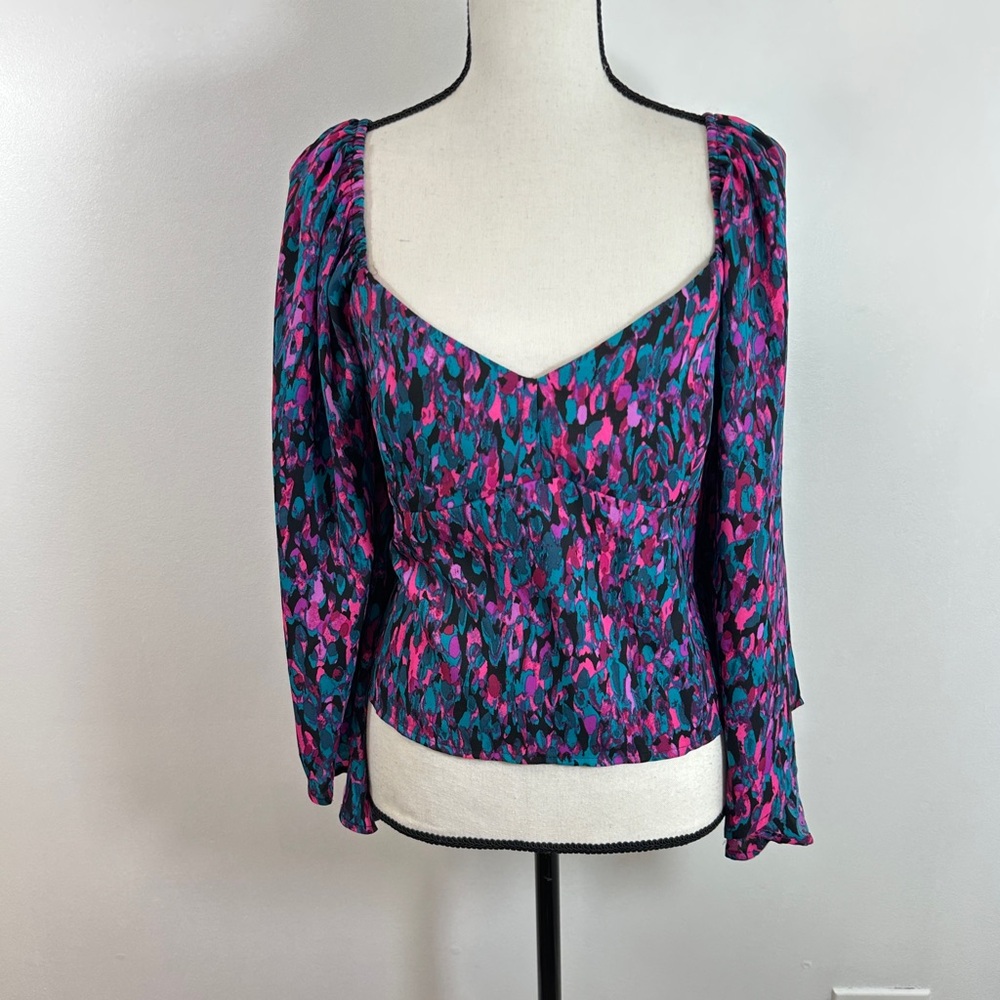 New York & Company Blue and Pink Fitted Blouse with Sweetheart Neckline